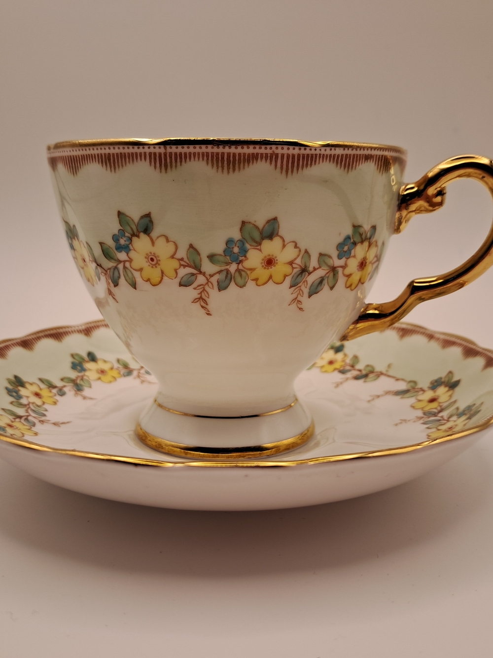 Vintage Tuscan Fine English Bone China Teacup Saucer Set Yellow Floral Gold Trim